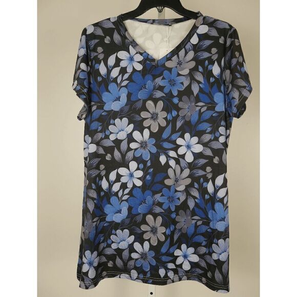 Bon Apple Tea Women's Blue Floral V-neck Short Sleeve T-shirt 1X - Picture 2 of 8
